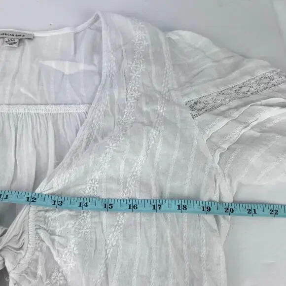 American Eagle V-Neck Gauzy Lace Tie-Front White Blouse Top BOHO L - Picture 13 of 14